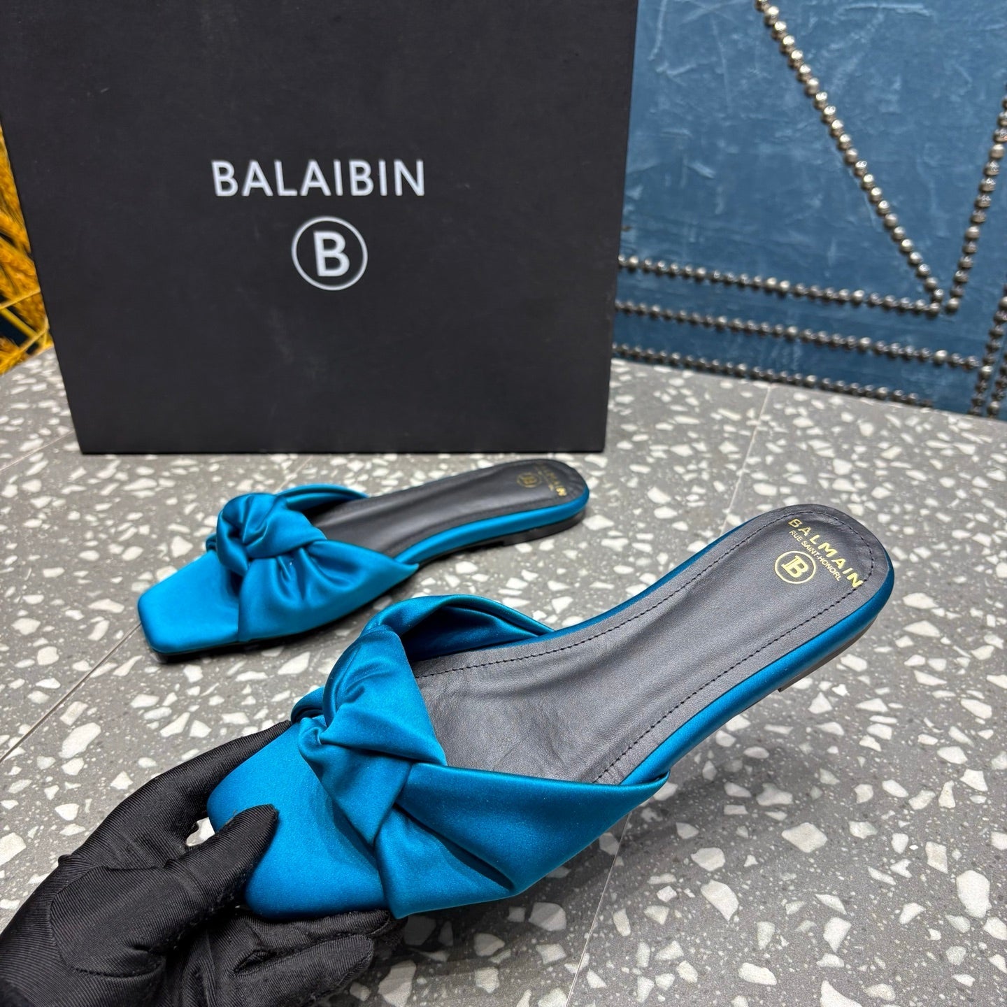 BALMAIN 26S SLIDES IN OCEAN BLUE SATIN