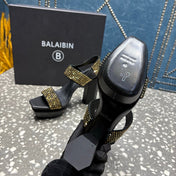 BALMAIN 26S HIGH-HEELED SANDALS 105 MM IN BLACK CALFSKIN WITH GOLD STONE EMBELLISHED