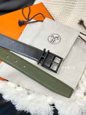HM NATHAN REVERSIBLE BELT  32MM OLIVE GREEN AND BLACK LEATHER BLACK HARDWARE