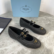 PRADA 25S BALLET FLAT IN BLACK RAFFIA AND CALFSKIN