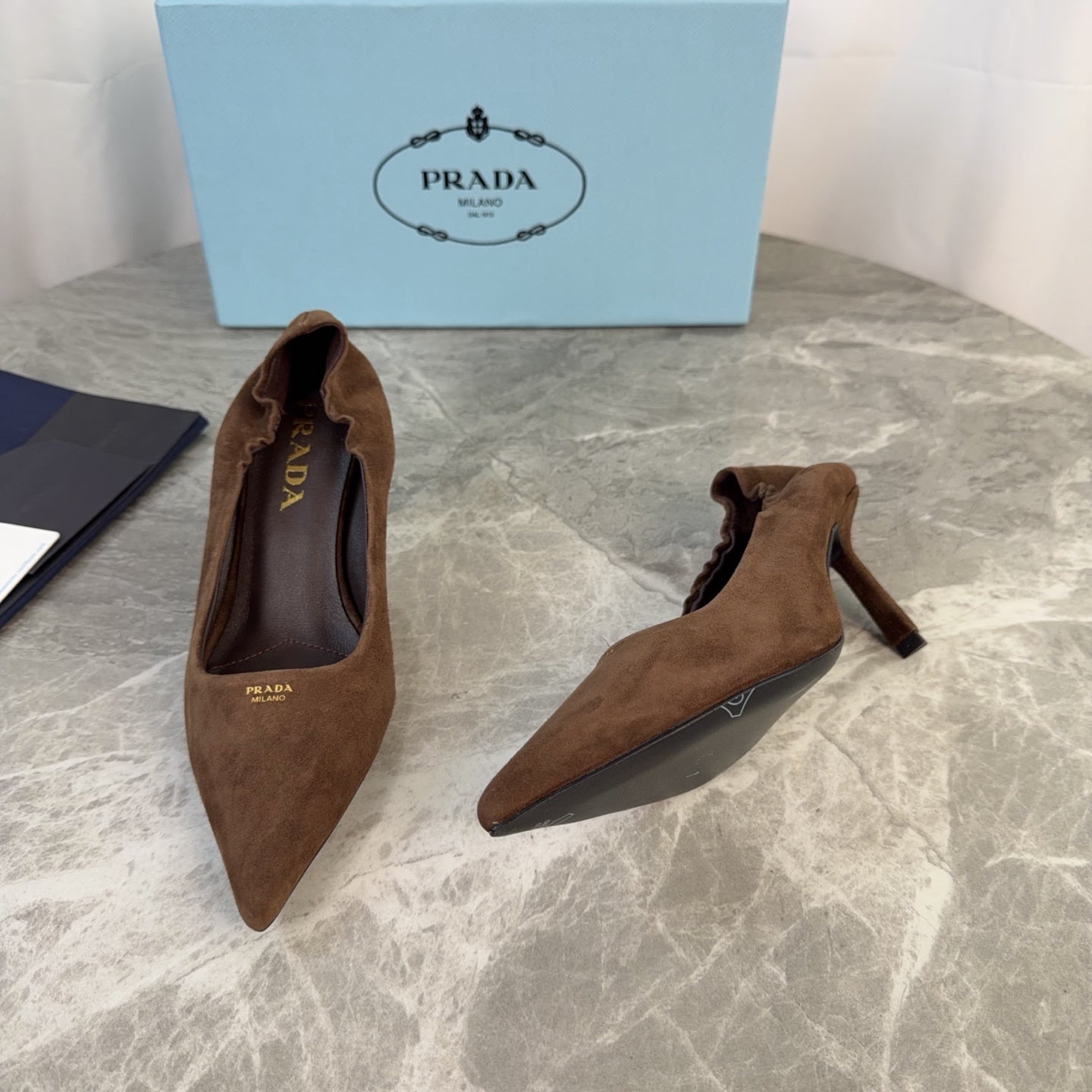 PRADA 25S HIGH HEELS 75 MM IN DARK BROWN SUEDE