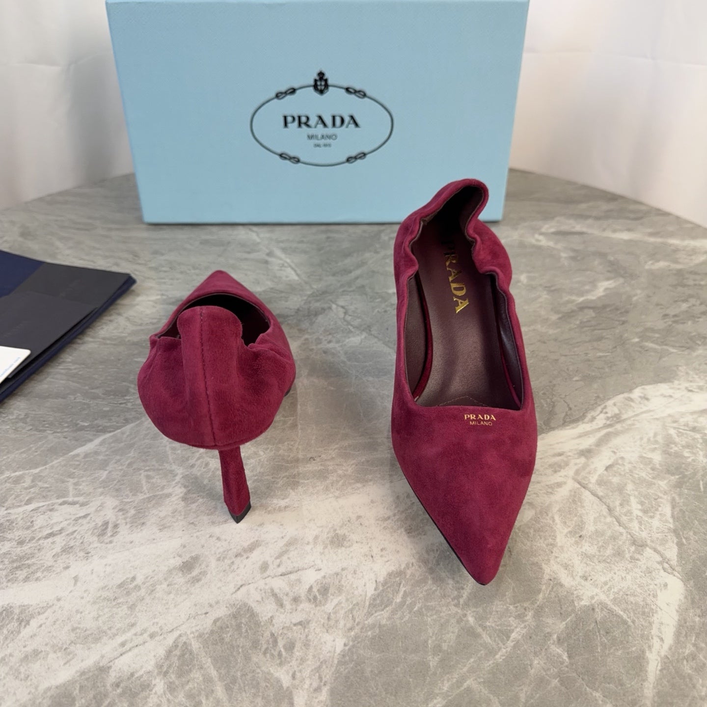 PRADA 25S HIGH HEELS 75 MM IN DARK RED SUEDE