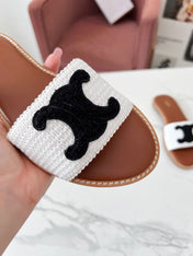 LYMPIA MULE WHITE RAFFIA AND BLACK WOOL LOGO
