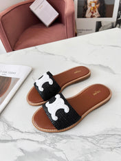 LYMPIA MULE BLACK RAFFIA AND WHITE WOOL LOGO
