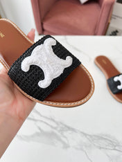 LYMPIA MULE BLACK RAFFIA AND WHITE WOOL LOGO