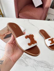 LYMPIA MULE WHITE RAFFIA AND TAN WOOL