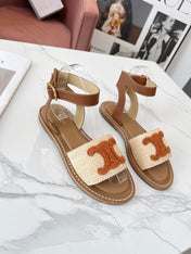 TRIOMPHE SANDALS BEIGE RAFFIA BROWN WOOL