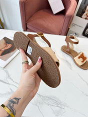 TRIOMPHE SANDALS BEIGE RAFFIA BROWN WOOL