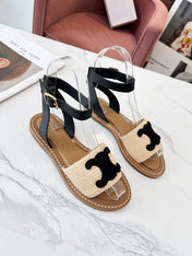 TROMPHE SANDALS BEIGE RAFFIA BLACK WOOL
