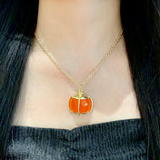 CHANEL 26S DOUBLE C LOGO ORANGE RESIN STATEMENT PENDANT NECKLACE IN GOLD METAL 629172