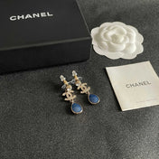 CHANEL 26S DOUBLE C CRYSTAL LOGO BLUE TEXTURED TEARDROP DANGLE EARRINGS IN GOLD METAL 629183