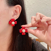 CHANEL 26S DOUBLE C CRYSTAL LOGO RED ENAMEL FLOWER STUD EARRINGS IN GOLD METAL 629185