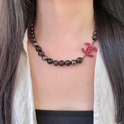 CHANEL 26S DOUBLE C LOGO RED CRYSTAL BEADED NECKLACE IN BLACK METAL 629968