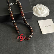 CHANEL 26S DOUBLE C LOGO RED CRYSTAL BEADED NECKLACE IN BLACK METAL 629968
