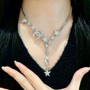 CHANEL 26S DOUBLE C LOGO STAR & PEARL DROP CHAIN NECKLACE IN SILVER METAL 629971
