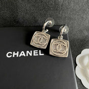 CHANEL 26S DOUBLE C LOGO CRYSTAL SQUARE DROP HOOP EARRINGS IN SILVER METAL 629984