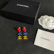 CHANEL 26S DOUBLE C LOGO MULTICOLOR FLORAL & STAR DROP EARRINGS IN GOLD METAL 630065