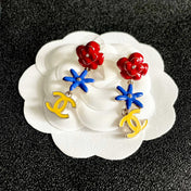 CHANEL 26S DOUBLE C LOGO MULTICOLOR FLORAL & STAR DROP EARRINGS IN GOLD METAL 630065
