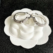 CHANEL 26S DOUBLE C LOGO FULL PAVE CRYSTAL HOOP EARRINGS IN SILVER METAL 630069