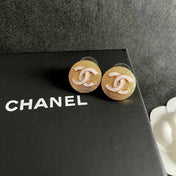 CHANEL 26S DOUBLE C LOGO WHITE ENAMEL TEXTURED ROUND STUD EARRINGS IN GOLD METAL 630072