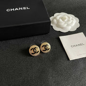CHANEL 26S DOUBLE C LOGO BLACK ENAMEL TEXTURED ROUND STUD EARRINGS IN GOLD METAL 630073