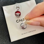 CHANEL 26S DOUBLE C LOGO RED ENAMEL CRYSTAL DROP STUD EARRINGS IN SILVER METAL 630074