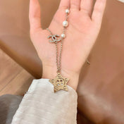 CHANEL 26S DOUBLE C LOGO CRYSTAL & STAR CHARM PEARL CHAIN NECKLACE IN GOLD METAL 629885
