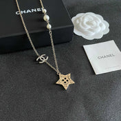 CHANEL 26S DOUBLE C LOGO CRYSTAL & STAR CHARM PEARL CHAIN NECKLACE IN GOLD METAL 629885