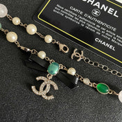 CHANEL 26S DOUBLE C LOGO MULTICOLOR GEMSTONE PEARL CHAIN BRACELET WITH CRYSTAL PENDANT IN GOLD METAL 629888