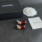 CHANEL 26S DOUBLE C LOGO PEARL STUD EARRINGS WITH RED GLASS DROP IN GOLD METAL 629893