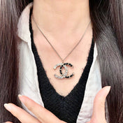 CHANEL 26S DOUBLE C LOGO CRYSTAL & BLACK ENAMEL CHAIN PENDANT NECKLACE IN SILVER METAL 631017