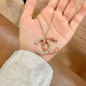 CHANEL 26S DOUBLE C LOGO CRYSTAL & PINK ENAMEL CHAIN PENDANT NECKLACE IN GOLD METAL 631018