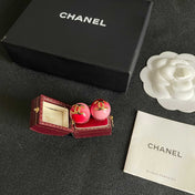 CHANEL 26S DOUBLE C LOGO RED PINK OMBRE ENAMEL ROUND STUD EARRINGS IN GOLD METAL 631036