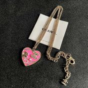 CHANEL 26S DOUBLE C LOGO PINK ENAMEL HEART CHARM NECKLACE WITH NO.5 DETAIL IN GOLD METAL 630795