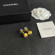 CHANEL 26S DOUBLE C LOGO BALL DROP EARRINGS IN YELLOW AND WHITE ENAMEL WITH GOLD METAL 631904