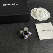 CHANEL 26S DOUBLE C LOGO BALL DROP EARRINGS IN BLUE AND WHITE ENAMEL WITH GOLD METAL 631905