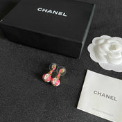 CHANEL 26S DOUBLE C LOGO BALL DROP EARRINGS IN PINK AND WHITE ENAMEL WITH GOLD METAL 631906