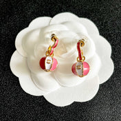 CHANEL 26S DOUBLE C LOGO BALL DROP EARRINGS IN PINK AND WHITE ENAMEL WITH GOLD METAL 631906