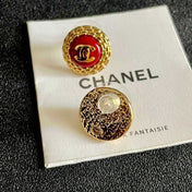 CHANEL 26S DOUBLE C LOGO ROUND STUD EARRINGS IN RED ENAMEL WITH GOLD CHAIN DETAIL 631909