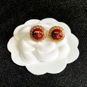 CHANEL 26S DOUBLE C LOGO ROUND STUD EARRINGS IN RED ENAMEL WITH GOLD CHAIN DETAIL 631909