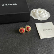 CHANEL 26S DOUBLE C LOGO ROUND STUD EARRINGS IN RED ENAMEL WITH GOLD CHAIN DETAIL 631909