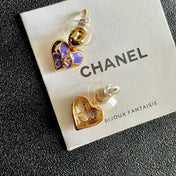 CHANEL 26S DOUBLE C HEART DROP EARRINGS WITH PURPLE ENAMEL FLORAL DETAIL IN GOLD METAL 631911