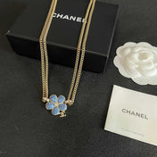 CHANEL 26S DOUBLE C LOGO BLUE PETAL FLOWER LAYERED CHAIN NECKLACE IN GOLD METAL 633153