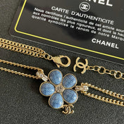 CHANEL 26S DOUBLE C LOGO BLUE PETAL FLOWER LAYERED CHAIN NECKLACE IN GOLD METAL 633153