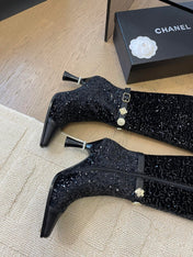 KNEE HIGH BOOTS IN BLACK CALFSKIN AND SEQUINS