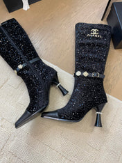 KNEE HIGH BOOTS IN BLACK CALFSKIN AND SEQUINS
