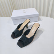 DIOR EMBELLISHED HIGH HEEL SLIDES 25S IN BLACK SATIN AND CALFSKIN