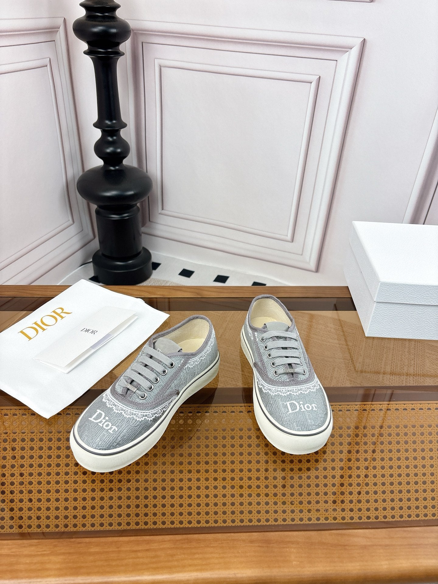 DIOR 26S LOW TOP SNEAKERS IN GREY CANVAS WITH WHITE LACE TRIM & LOGO PRINT