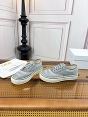 DIOR 26S LOW TOP SNEAKERS IN GREY CANVAS WITH WHITE LACE TRIM & LOGO PRINT