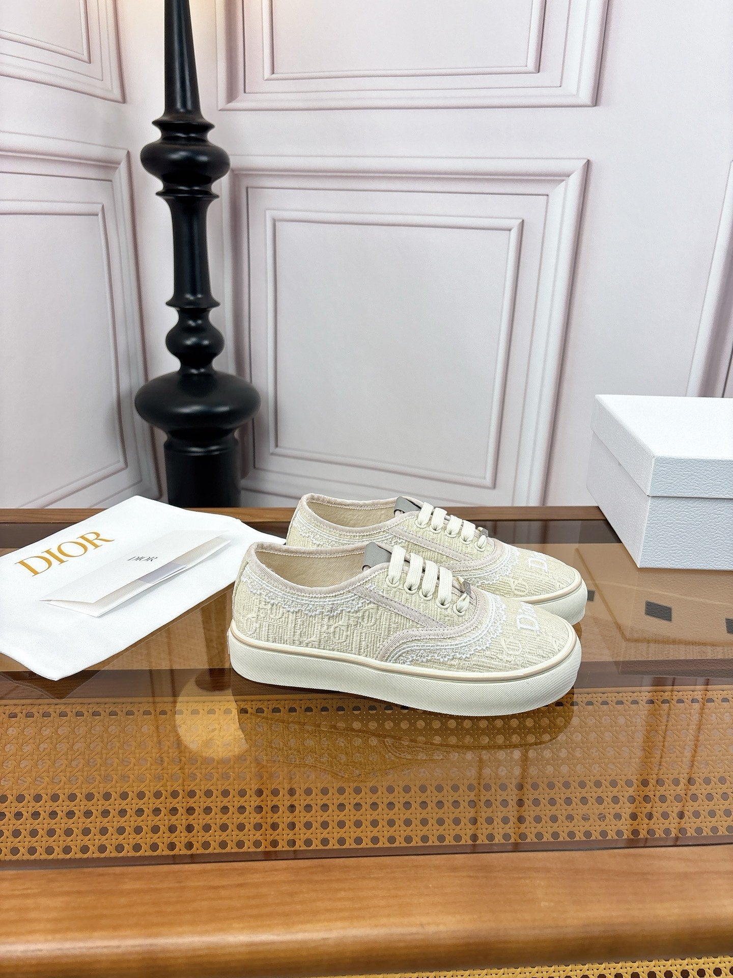 DIOR 26S LOW TOP SNEAKERS IN BEIGE CANVAS WITH WHITE LACE TRIM & LOGO PRINT
